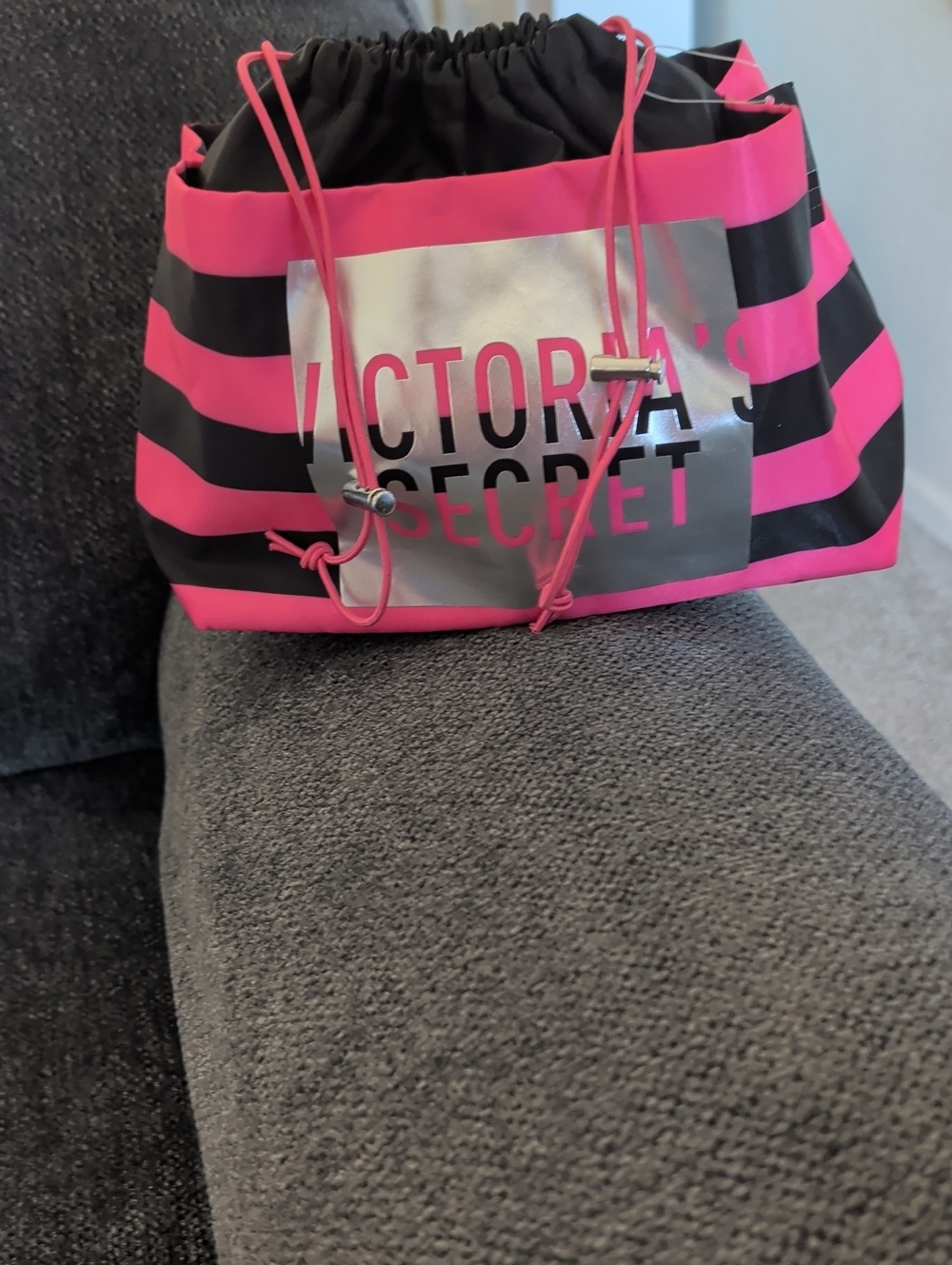 Victoria's Secret Hot Pink & Black Striped Drawstring Cosmetic Pouch